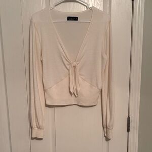 Abercrombie & Fitch Women’s Soft Cozy Cream V-Neck Sweater With Tie Front Medoum